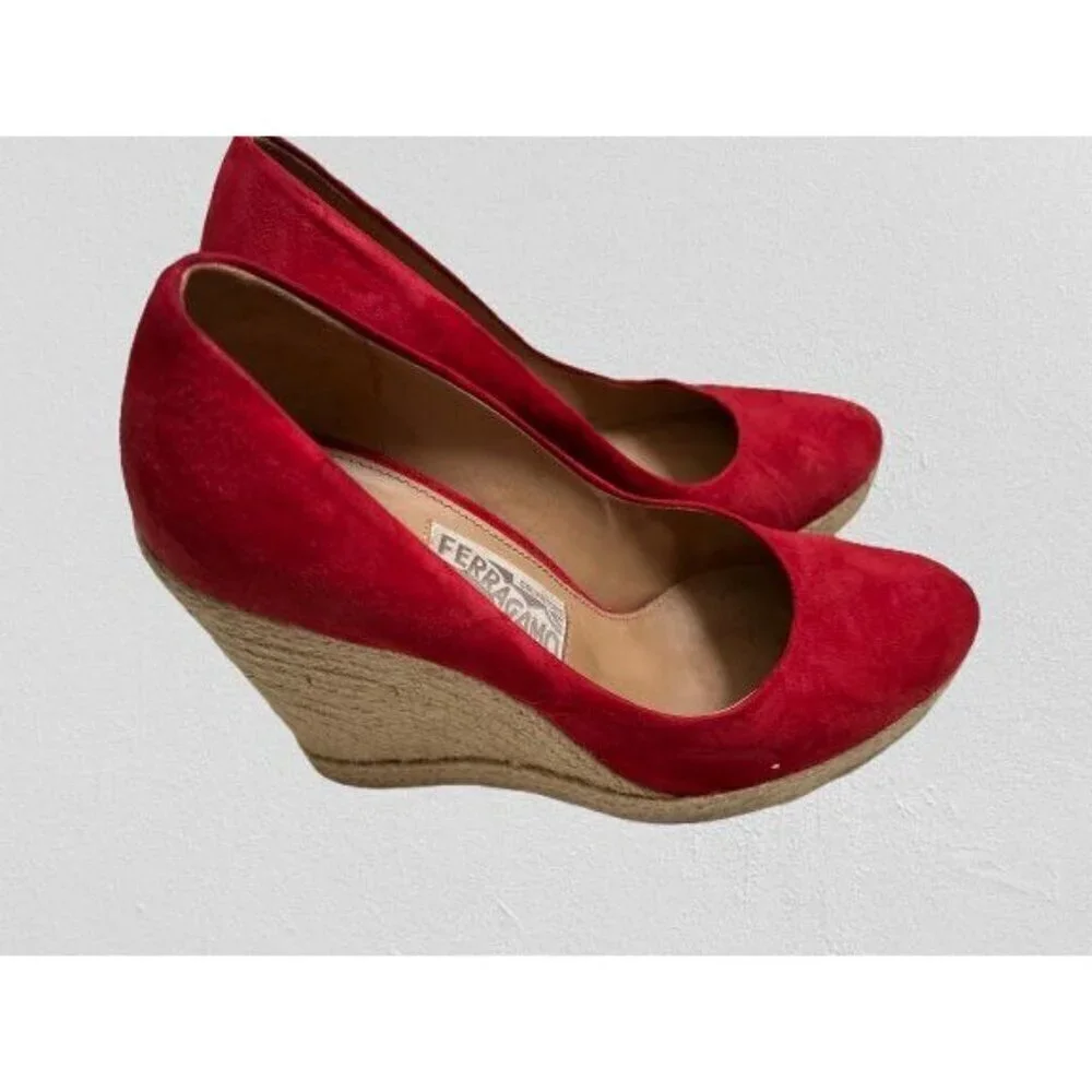 Salvatore Ferragamo Red Suede Bernie Espadrille Wedge Platform Pumps Size 8.5B